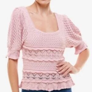 Q+A Los Angeles Crochet Top Medium Puff Sleeve Knit Short Sleeve